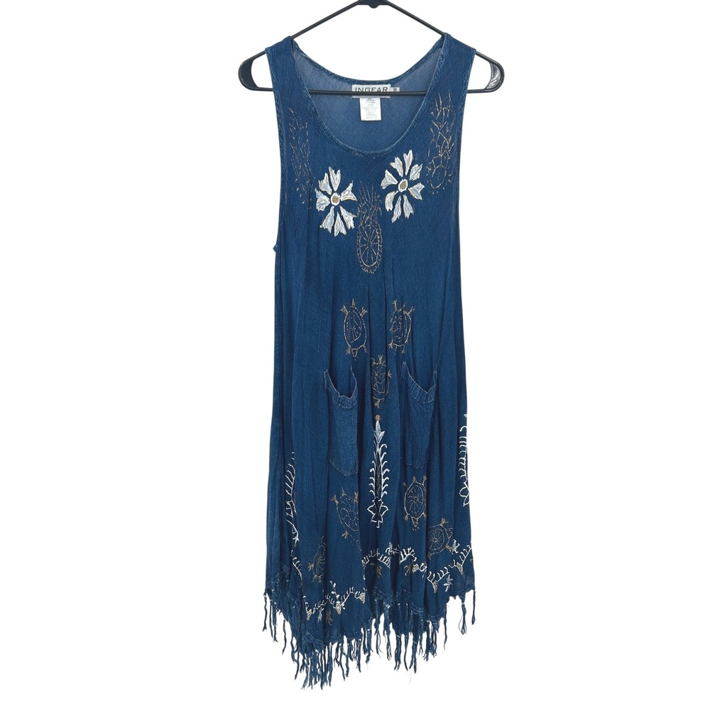 Boho Fringe Hem Turtle Print Sun Dress OS Blue Coastal Cowgirl Ingear Resort‎